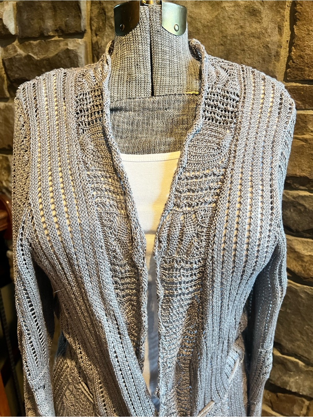 Light Gray Open Knit Tie-Waist Cardigan - Vintage Large -see measurements